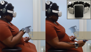 User touching springs in VR (actively and passively) while receiving haptic feedback at the wrist.