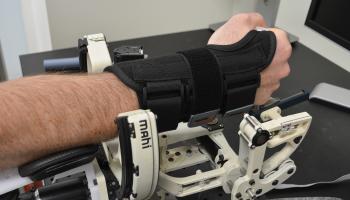 A brace-restricted wrist being assessed in the MAHI OpenWrist