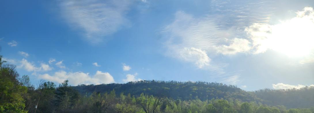 Blue sky with some puffy white clouds above green mountains in the distance and tops of trees in the fore ground