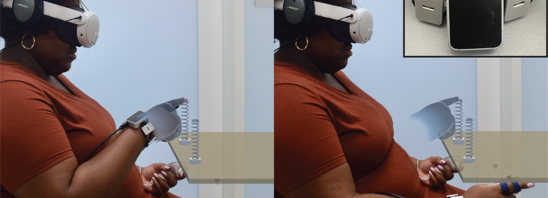 User touching springs in VR (actively and passively) while receiving haptic feedback at the wrist.